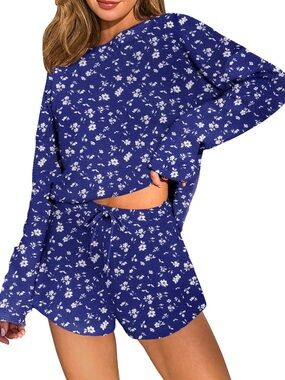Ekouaer Waffle Knit Pajama Sets Blue Floral Print. Size S